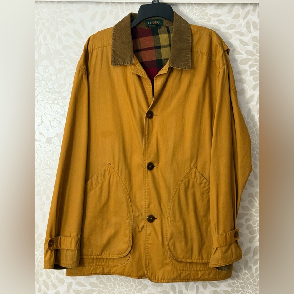 Vintage J Crew Men’s L Tan Khaki Corduroy Detail Barn Chore Jacket Coat FLAW